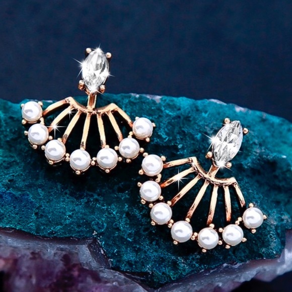 Any 2/$20! Gold Crystal Studs w/Pearl Jacket Earrings - Picture 2 of 10